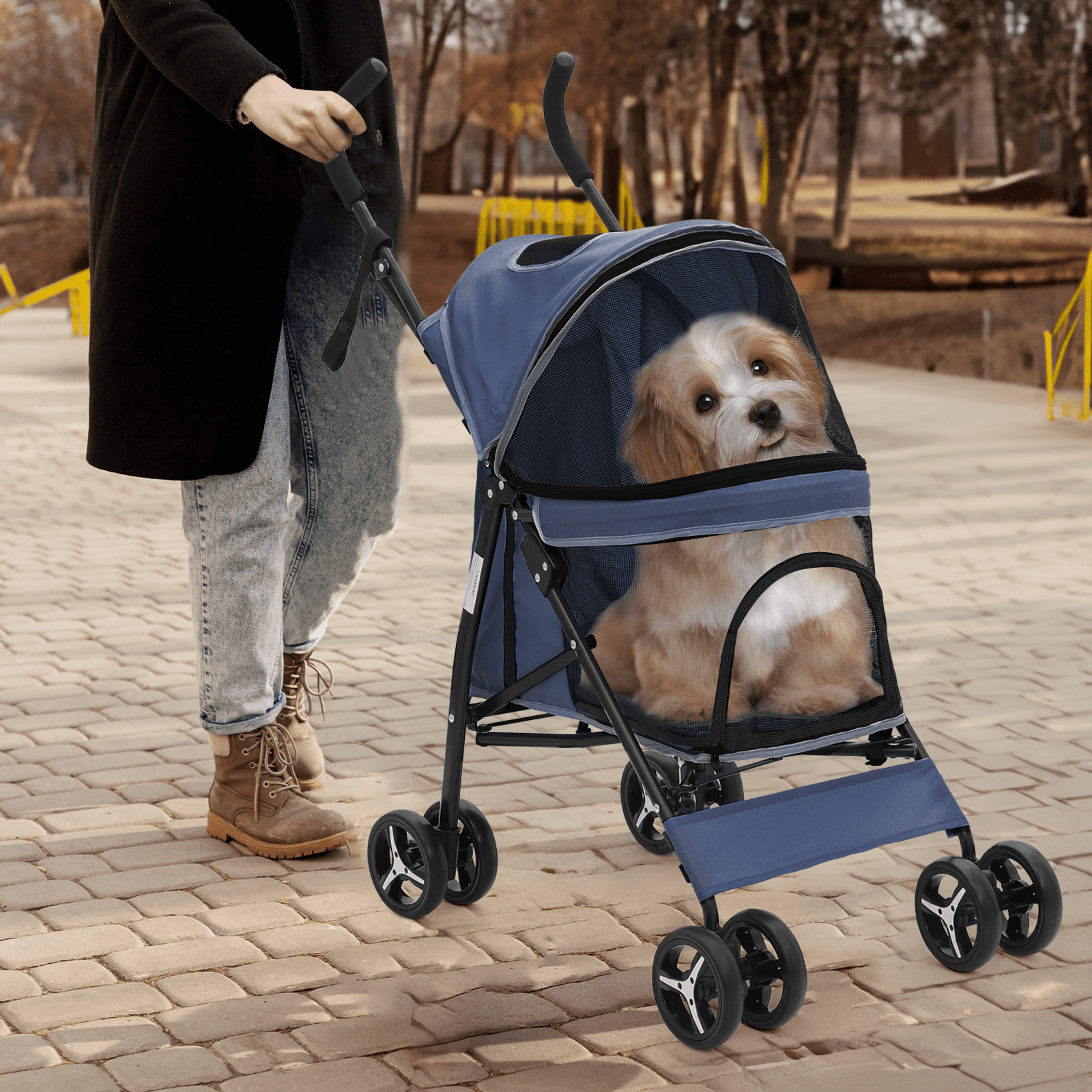 Magshion Foldable Lightweight Pet Trolley for Cats & Dogs, 4 Wheel (Navy Blue)