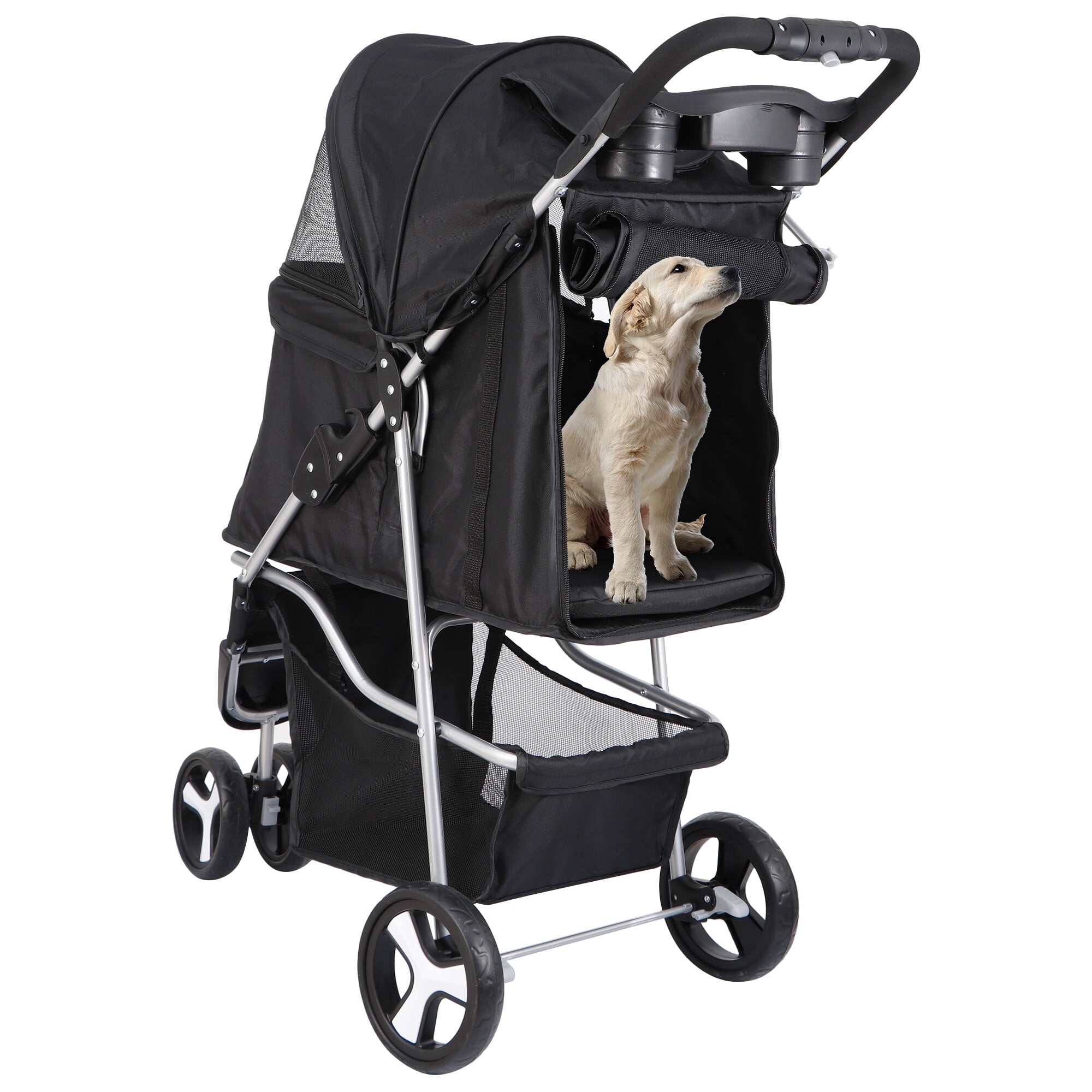 SuperDeal Lightweight 3-Wheel Pet Dog Travel Stroller Folding W/Safety Belt & Cup Holder