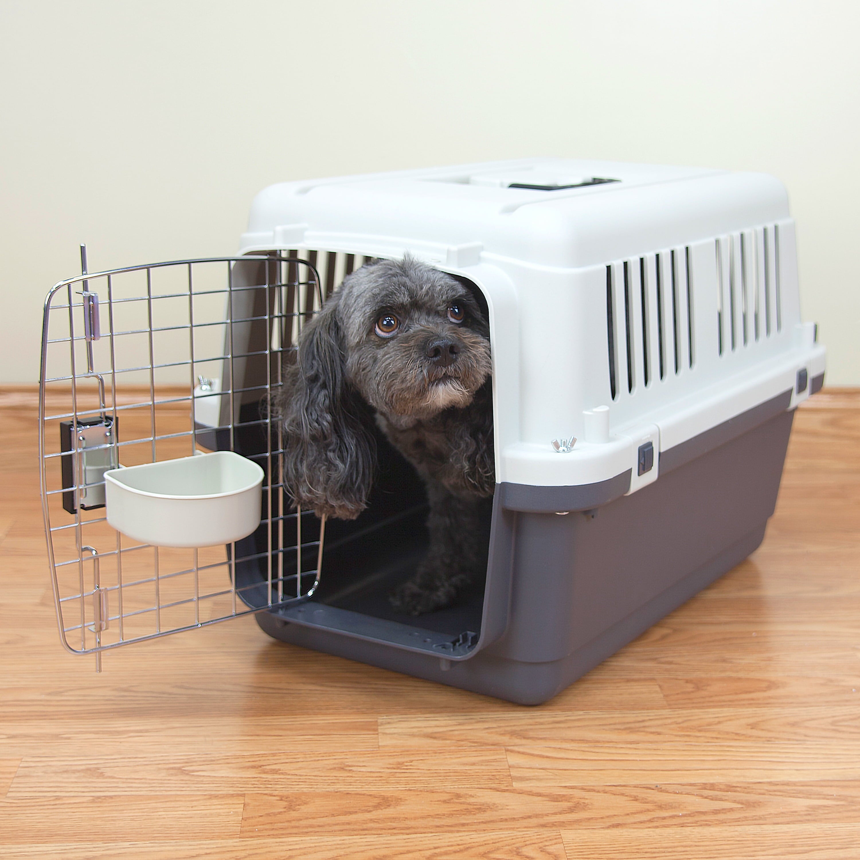 SportPet Designs Plastic Kennel for Dogs & Cats, Wire Door, IATA Airline Approved, Travel Crate, No Wheels, Gray, Small,  24" L x 16" W x 16" H