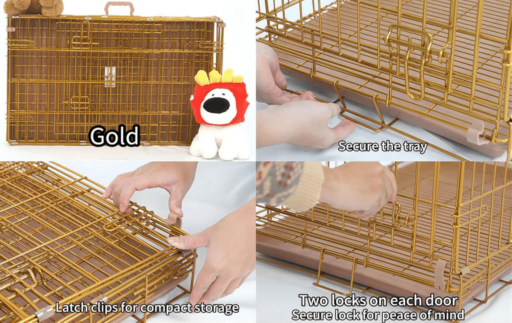 Homey Pet 24" Small Dog Crate, Collapsible Wire Toy Dog Cage Indoor, Dog Transport Kennel Portable Nano-Coated Copper Gold Puppy Cage with Pull-Out Floor Grid Tray, Double Doors Dual Locks