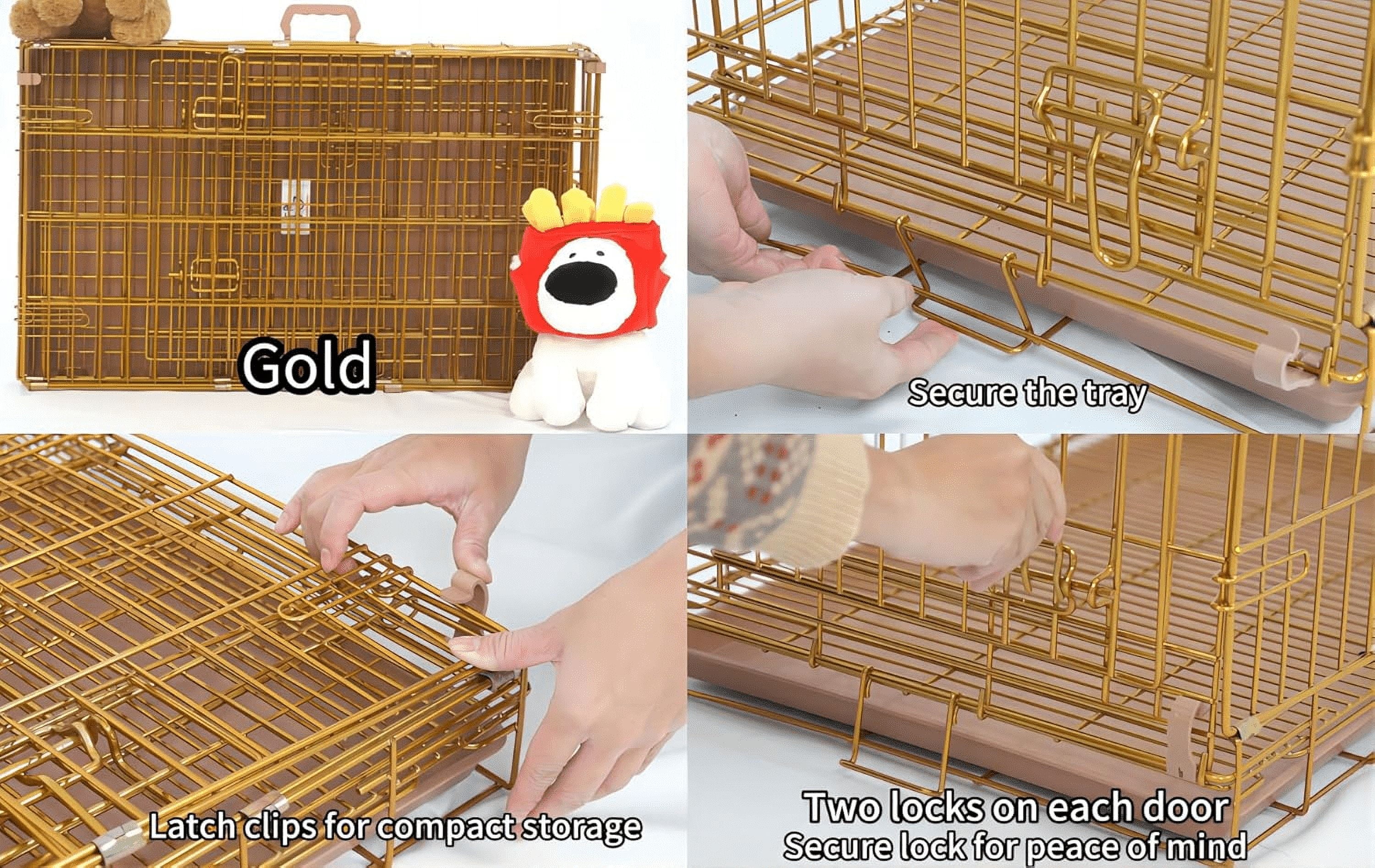 Homey Pet 24" Small Dog Crate, Collapsible Wire Toy Dog Cage Indoor, Dog Transport Kennel Portable Nano-Coated Copper Gold Puppy Cage with Pull-Out Floor Grid Tray, Double Doors Dual Locks