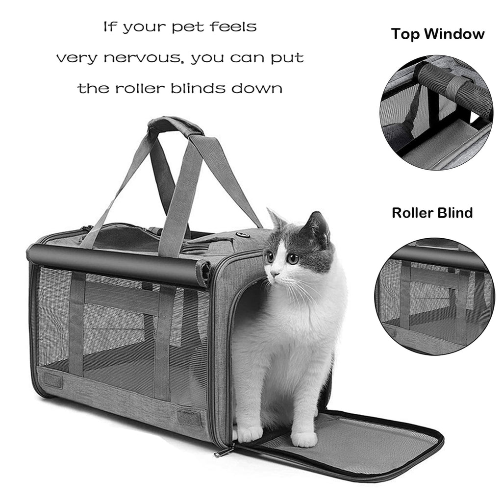 Cat Carrier, Cat Carriers for Large Cats up to 25LB, large Cat Carrier with a Bowl, Soft Sided Carrier with 2 Side Roller Blinds for Pet Cat Kitten Small Dog Puppies Airline Approved, Gray