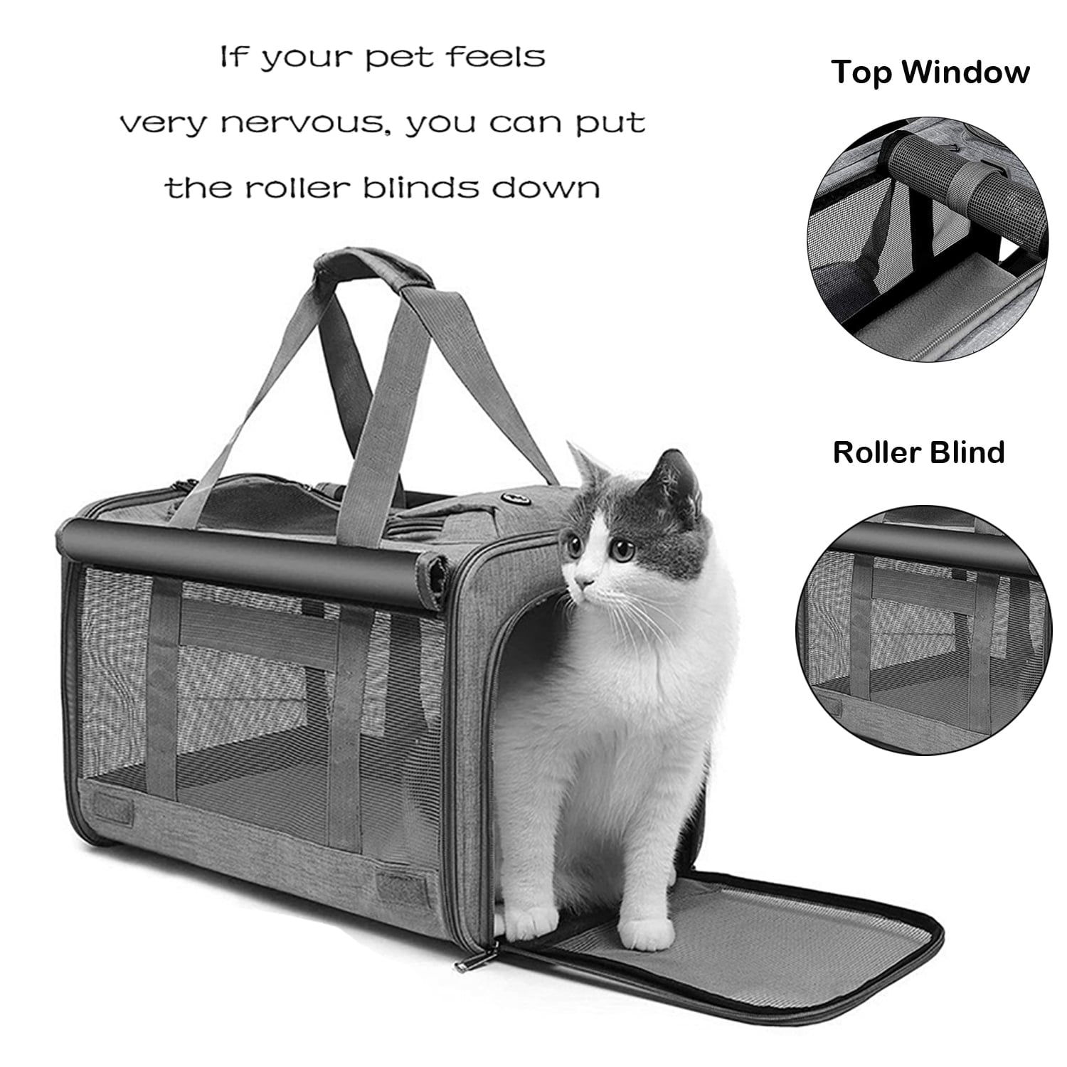 Cat Carrier, Cat Carriers for Large Cats up to 25LB, large Cat Carrier with a Bowl, Soft Sided Carrier with 2 Side Roller Blinds for Pet Cat Kitten Small Dog Puppies Airline Approved, Gray