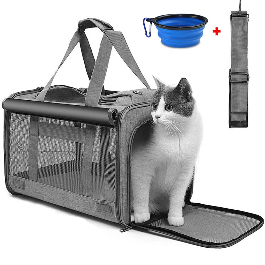 Cat Carrier, Cat Carriers for Large Cats up to 25LB, large Cat Carrier with a Bowl, Soft Sided Carrier with 2 Side Roller Blinds for Pet Cat Kitten Small Dog Puppies Airline Approved, Gray