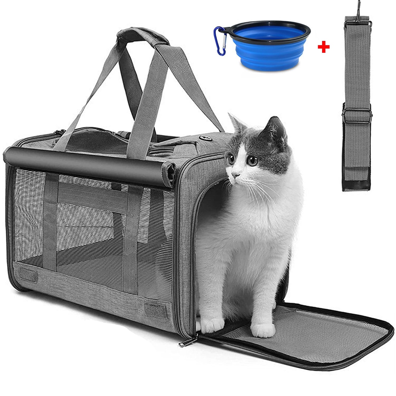 Cat Carrier, Cat Carriers for Large Cats up to 25LB, large Cat Carrier with a Bowl, Soft Sided Carrier with 2 Side Roller Blinds for Pet Cat Kitten Small Dog Puppies Airline Approved, Gray