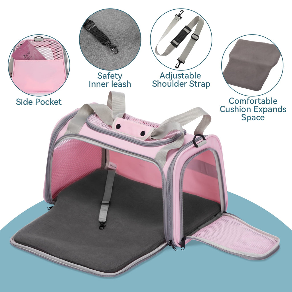 PETSFIT 17"Pet Carrier Airline Approved, Cat Travel Carrier for Small and Medium Cats，Under 20 lbs, Pink