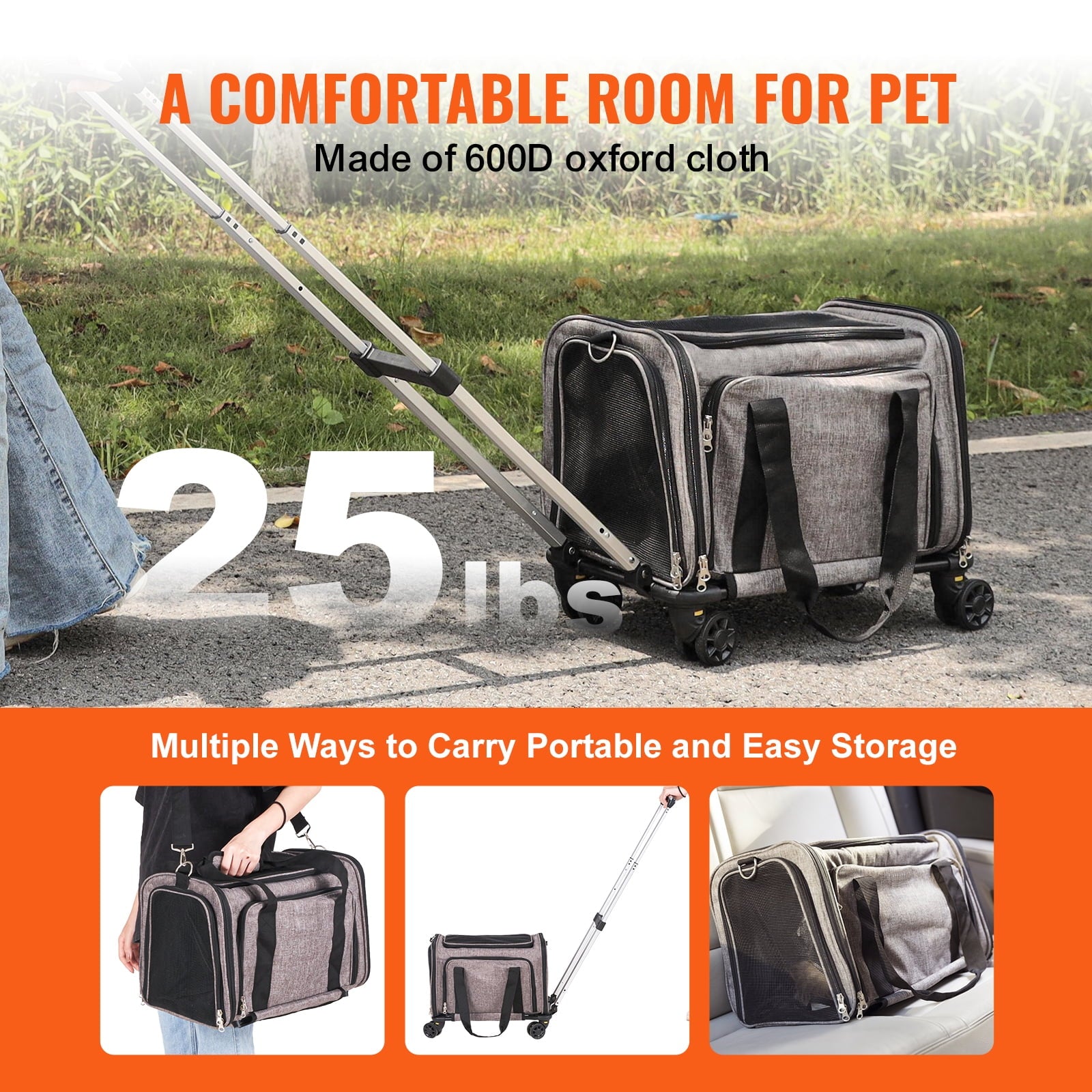 BENTISM Cat Carrier with Wheels Airline Approved Rolling Pet Carrier 25 lbs Grey for Cat Dog Small Medium Animals Kitten Puppy