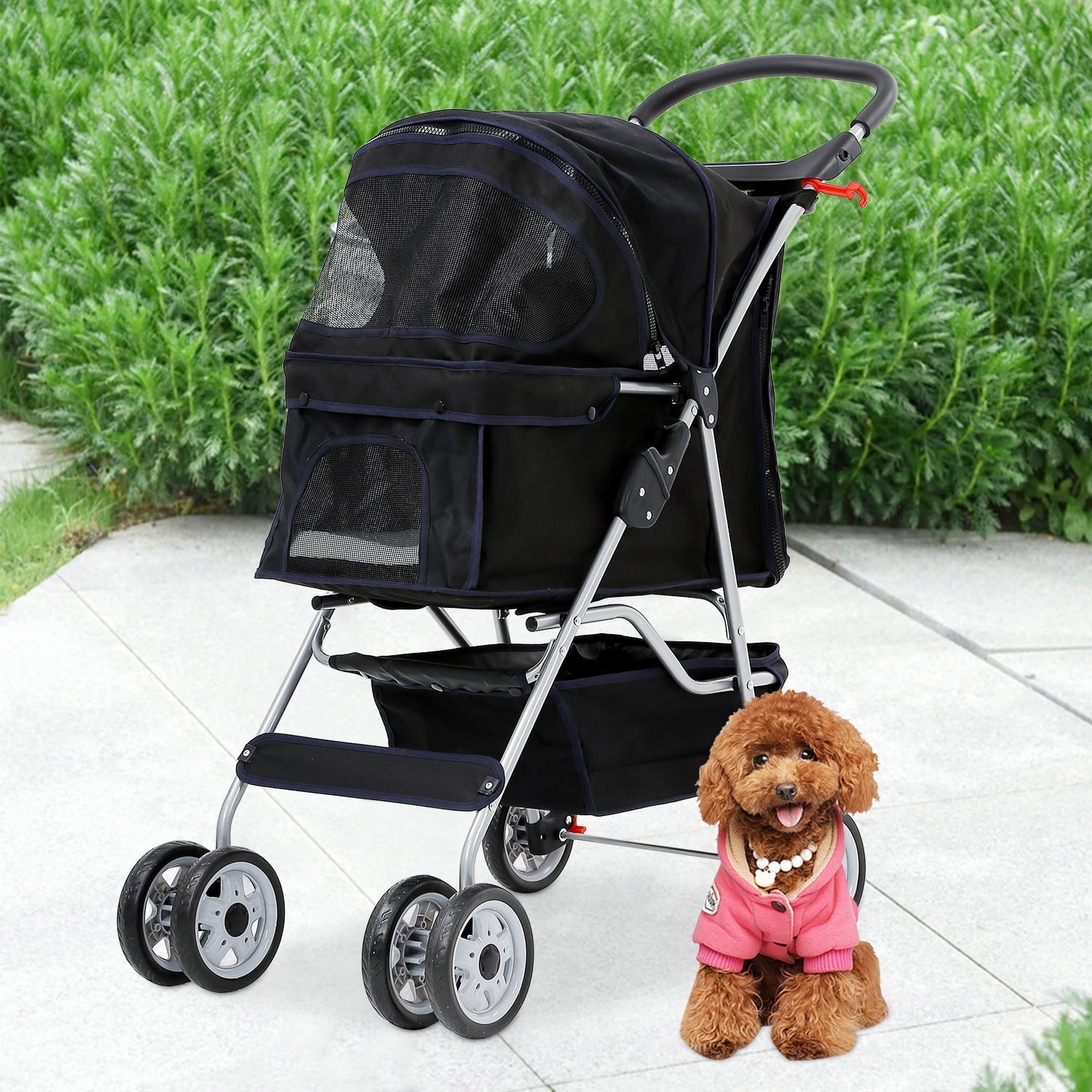 4 Wheels Pet Stroller Foldable Dog Stroller Cat Stroller with Storage Basket & Removable Liner, Travel Lite Foldable Carrier Strolling Cart for Dogs Cats, Black