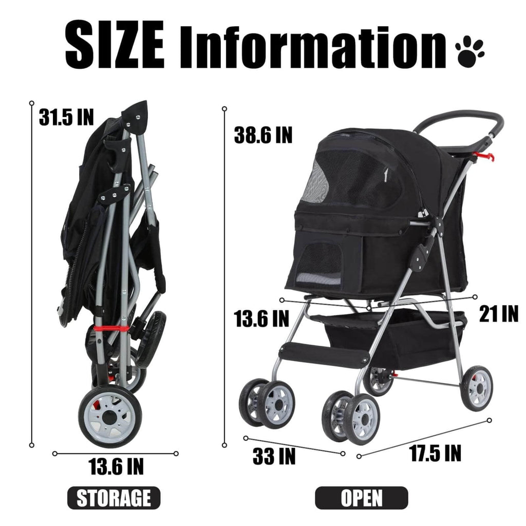 4 Wheels Pet Stroller Foldable Dog Stroller Cat Stroller with Storage Basket & Removable Liner, Travel Lite Foldable Carrier Strolling Cart for Dogs Cats, Black