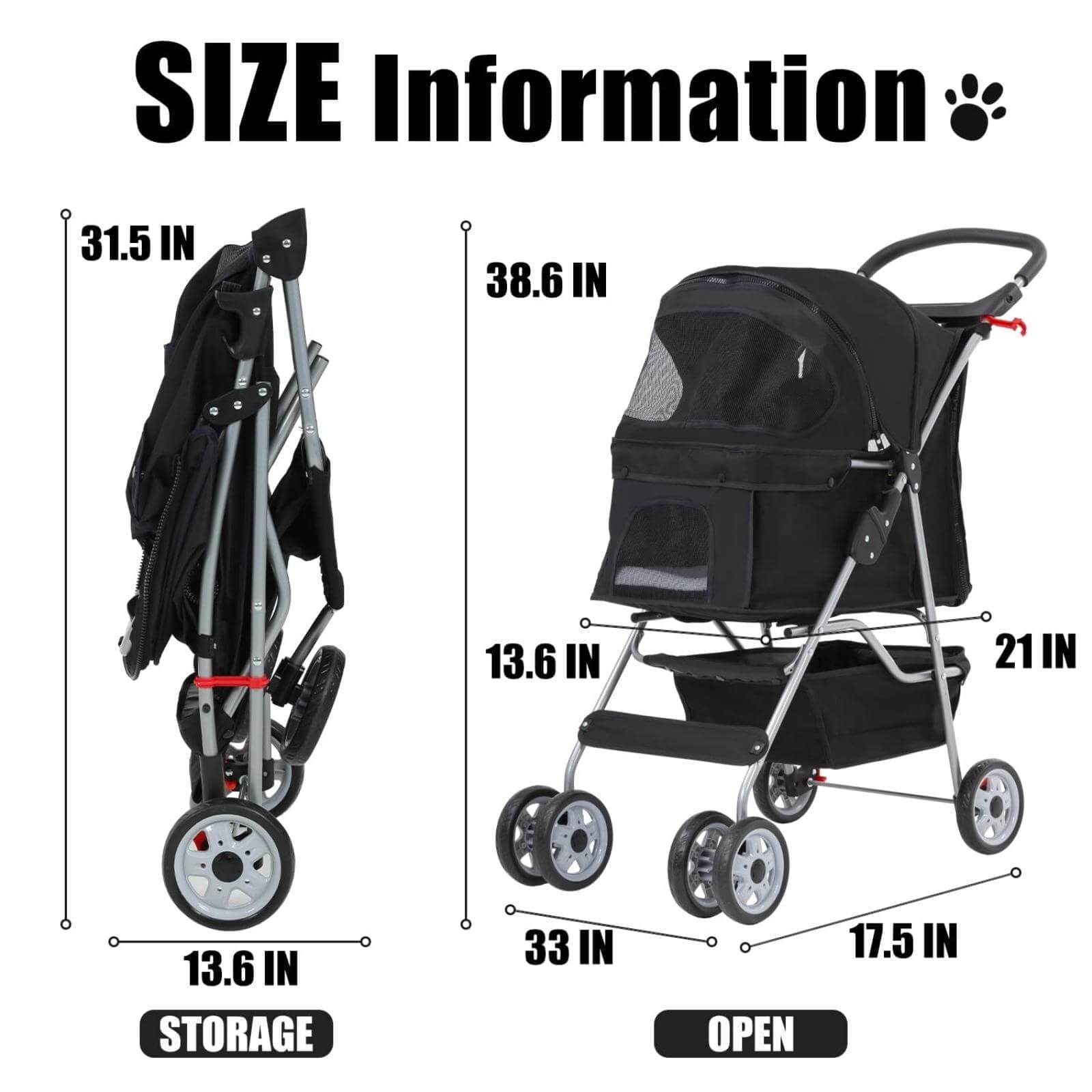4 Wheels Pet Stroller Foldable Dog Stroller Cat Stroller with Storage Basket & Removable Liner, Travel Lite Foldable Carrier Strolling Cart for Dogs Cats, Black