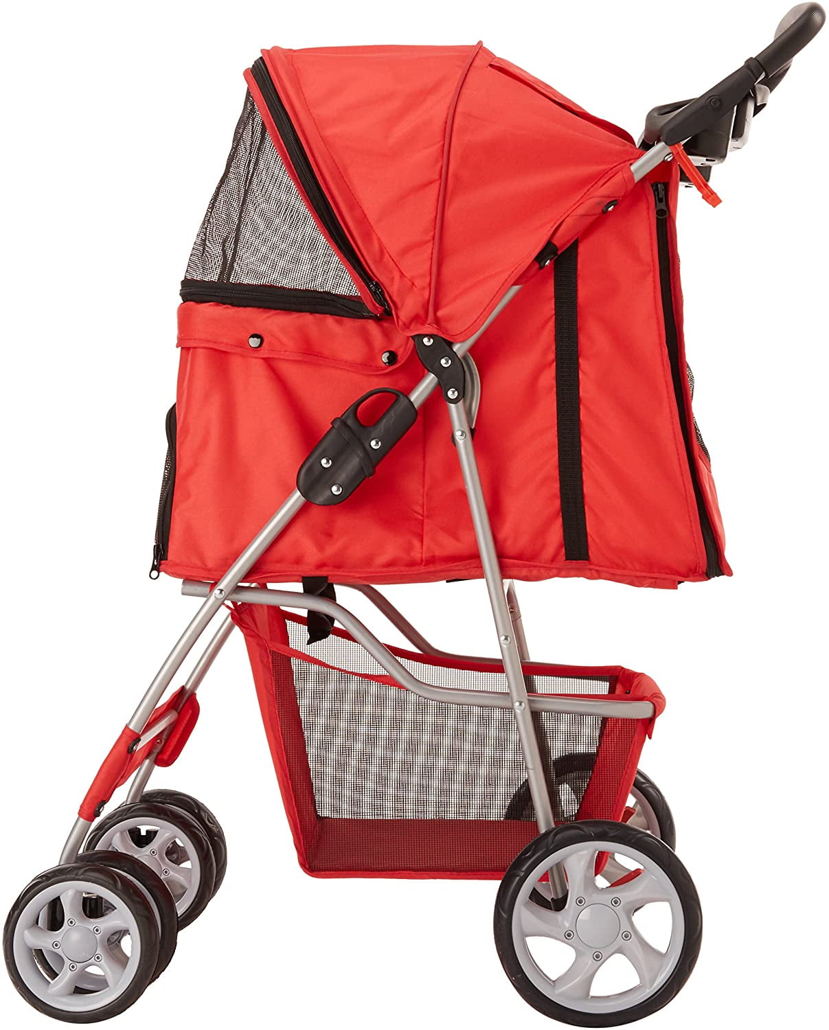 Paws & Pals 4-Wheeled Pet Stroller for Dog and Cat Foldable with Cup Holder, Red (Large)
