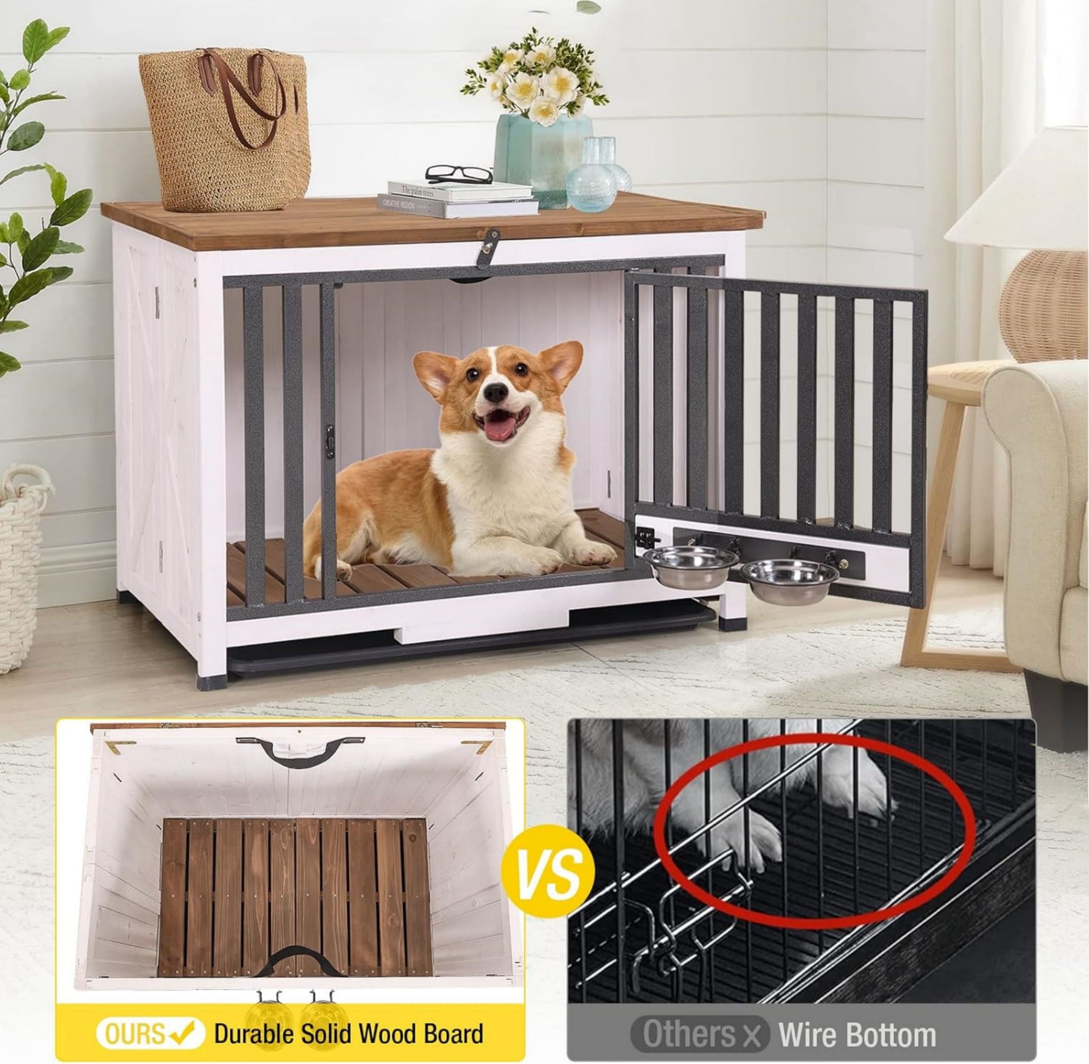 Aivituvin Folding Dog Crate Furniture Portable Metal Dog Kennel with Dog Bowls & Tray, Dog Crate for Small & Medium Dogs with Opening Roof