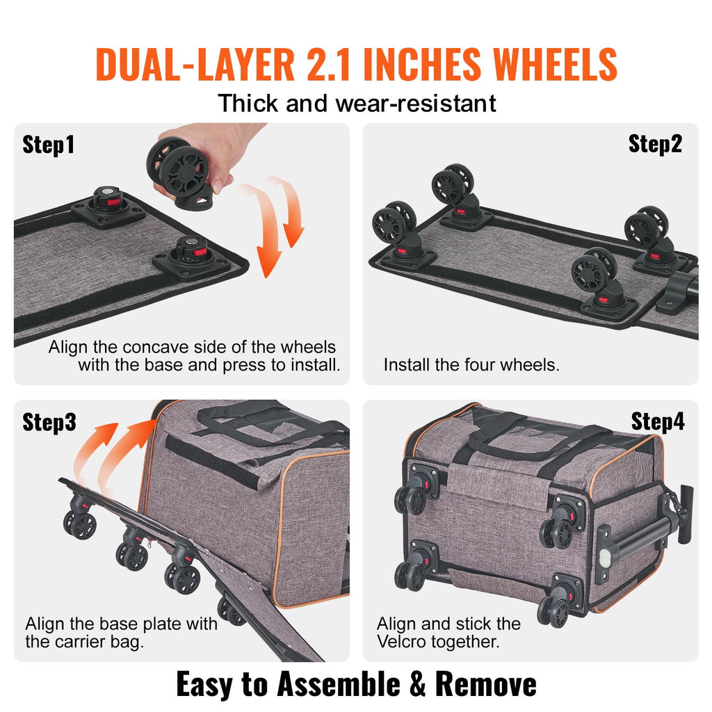 BENTISM Cat Carrier with Wheels Airline Approved Rolling Pet Carrier 22 lbs Grey for Cat Dog Small Medium Animals Kitten Puppy