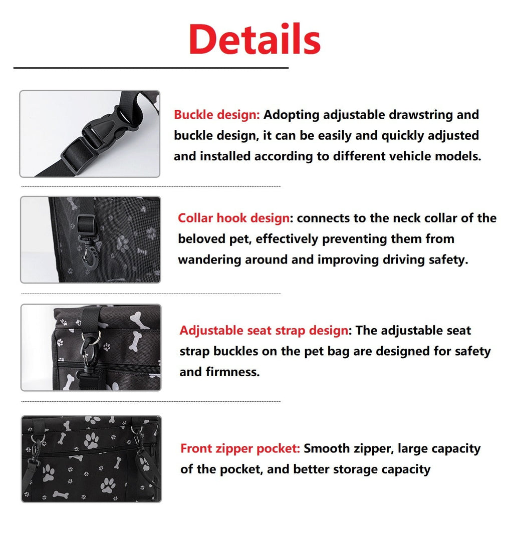 Pet Dog Cat Car Seat Booster for Small & Medium Pets, Portable Breathable Foldable Pet Carrier Seat Safety Anti-Collapse for Travel with Seat Belt, Black Printed