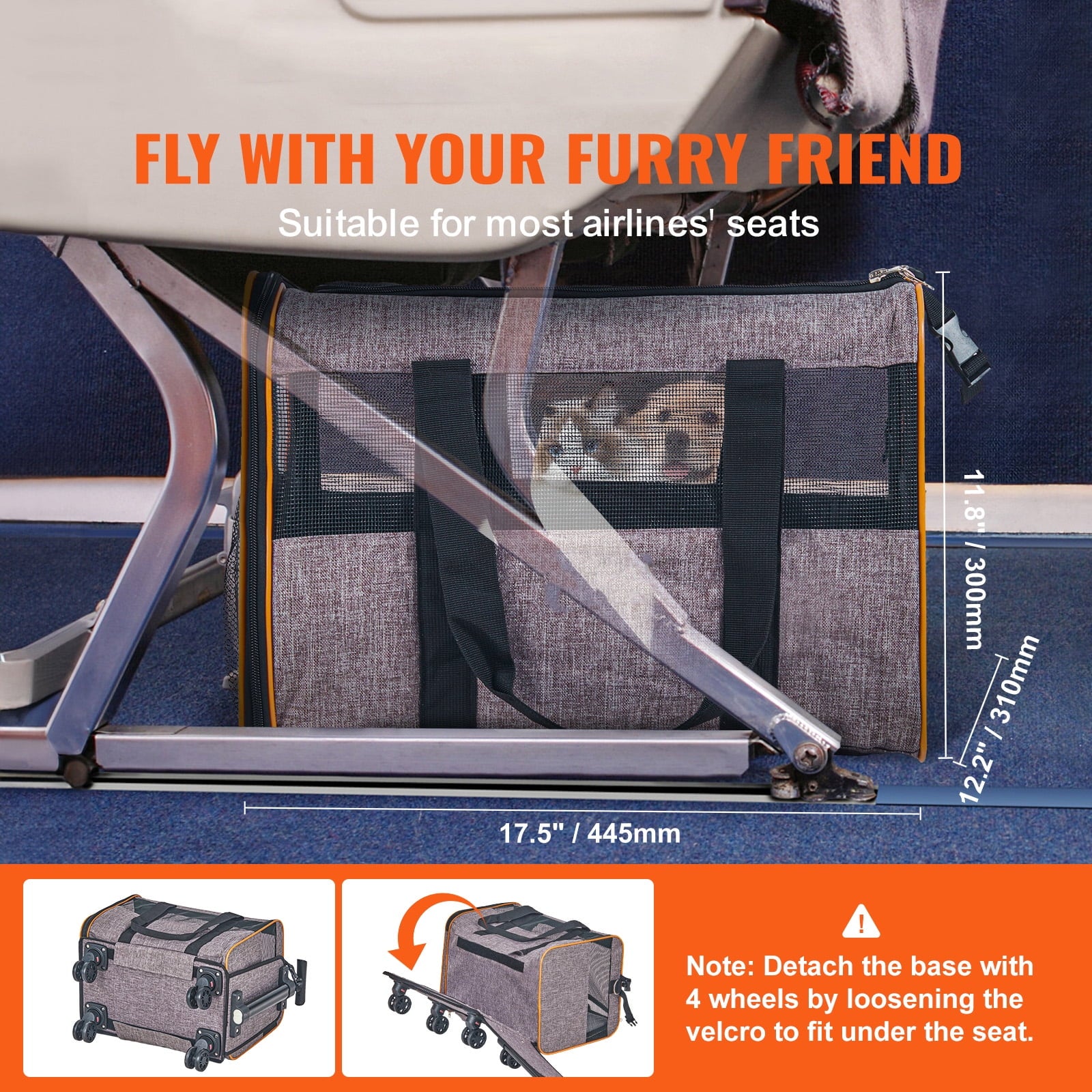 BENTISM Cat Carrier with Wheels Airline Approved Rolling Pet Carrier 22 lbs Grey for Cat Dog Small Medium Animals Kitten Puppy