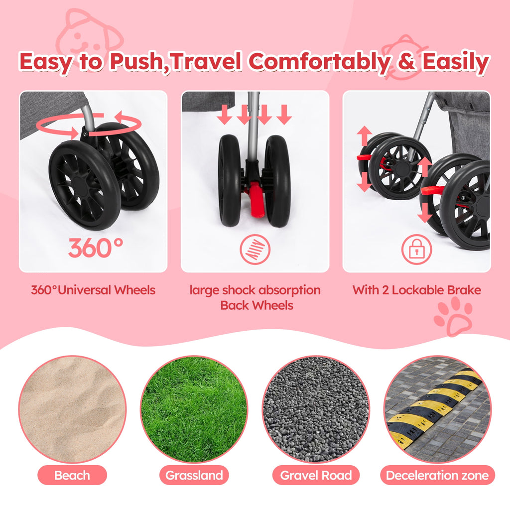 Monasem 4 Wheels Foldable Pet Stroller 3 in 1 with Waterproof Detachable Pets Travel Carrier for Small/Medium Dogs Cats up to 60lbs, Pink