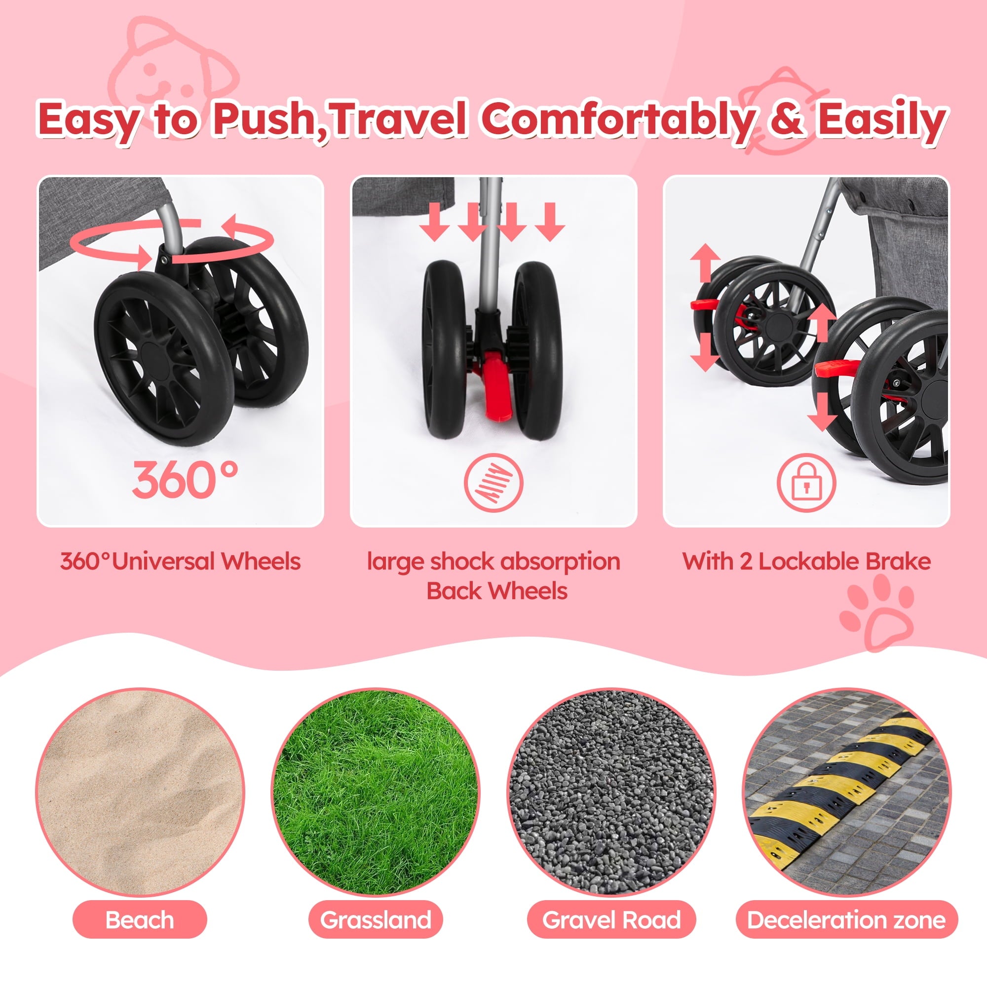 Monasem 4 Wheels Foldable Pet Stroller 3 in 1 with Waterproof Detachable Pets Travel Carrier for Small/Medium Dogs Cats up to 60lbs, Pink
