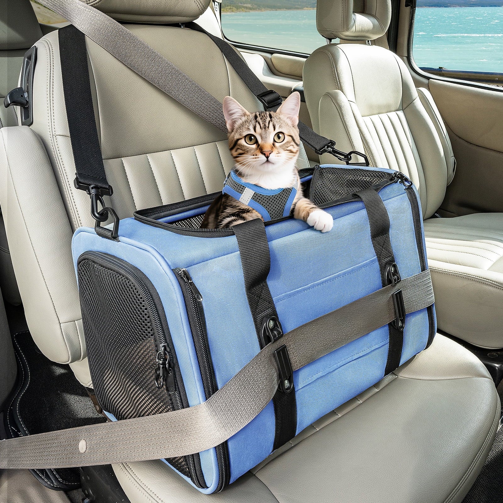 PETSFIT Airline Approved Pet Carrier, Upgraded Patented Car Buckle Soft Sided Cat Carrier, 4-Side Ventilation,Blue,15 lb Limit