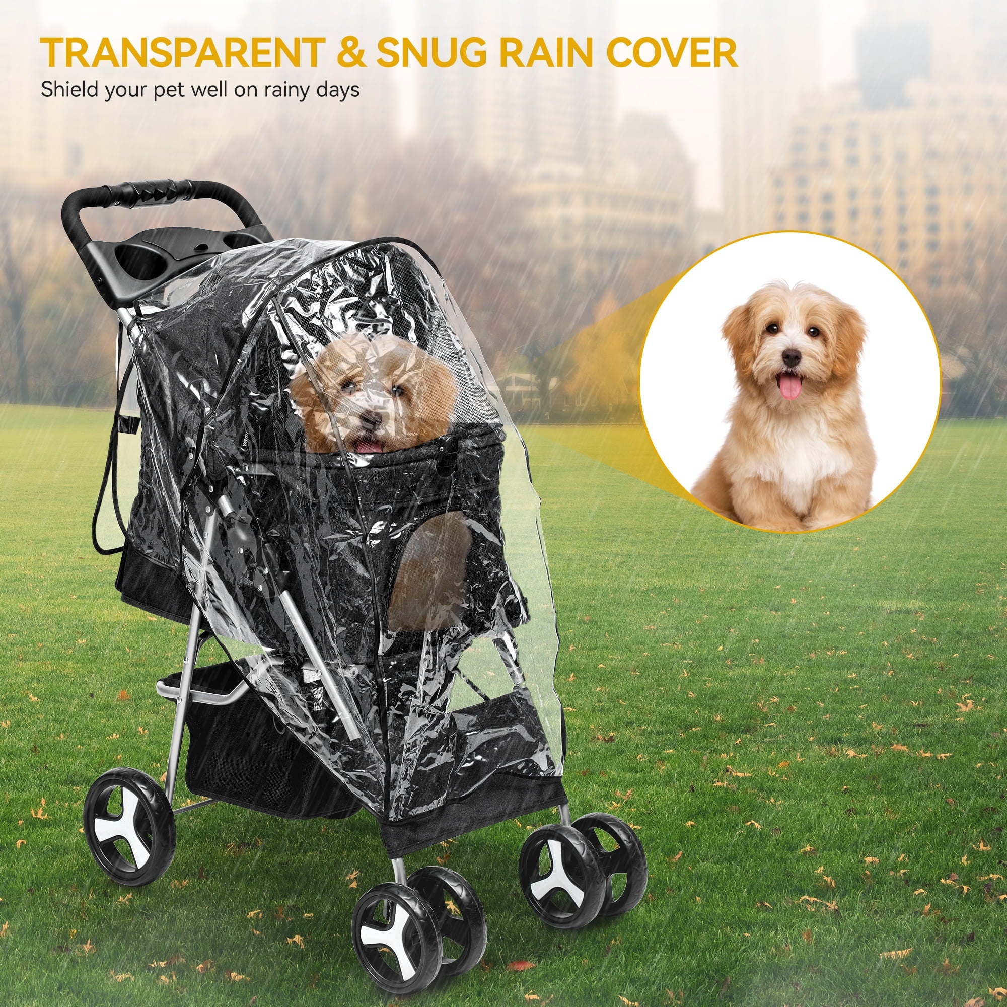 Dextrus 4-Wheel Foldable Dog Stroller with Storage Basket & 360° Rotating Wheels – Lightweight Pet Stroller for Small to Medium Dogs and Cats, Black