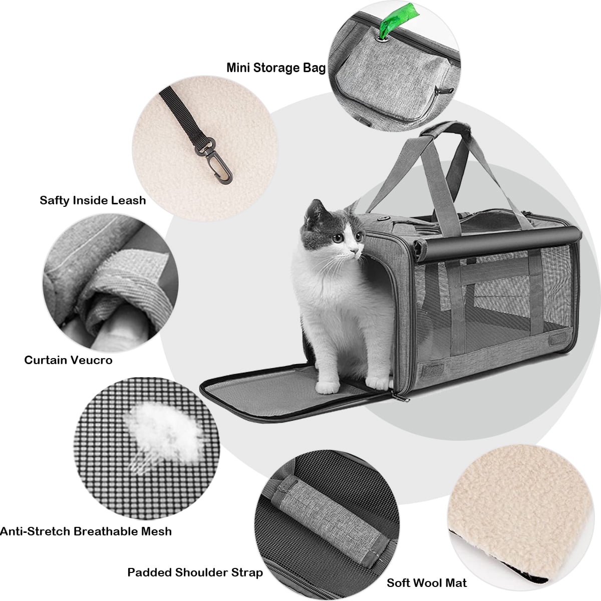 Cat Carrier, Cat Carriers for Large Cats up to 25LB, large Cat Carrier with a Bowl, Soft Sided Carrier with 2 Side Roller Blinds for Pet Cat Kitten Small Dog Puppies Airline Approved, Gray