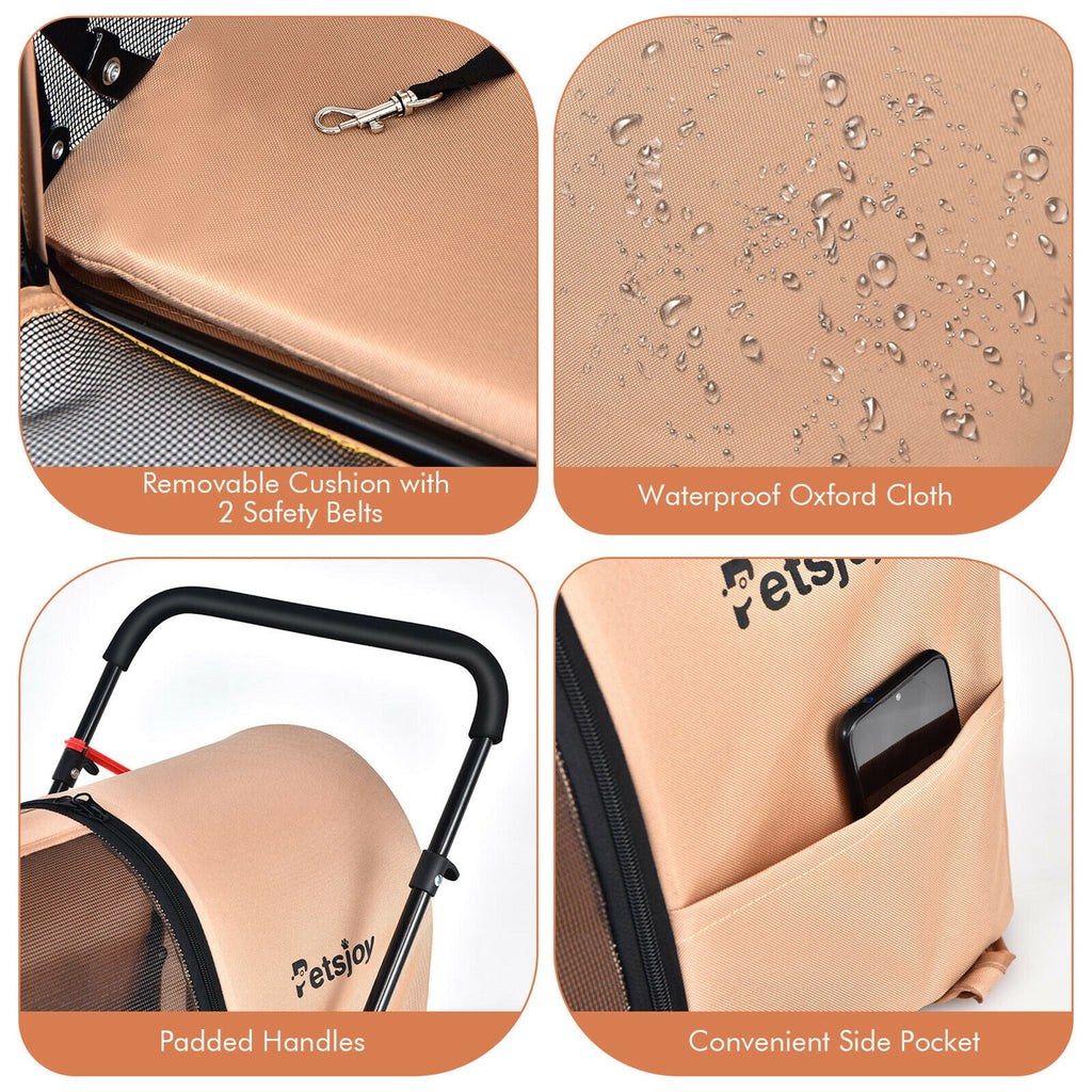 Gymax 4-in-1 Double Pet Stroller w/ Detachable Carrier Travel Carriage for Cats Beige