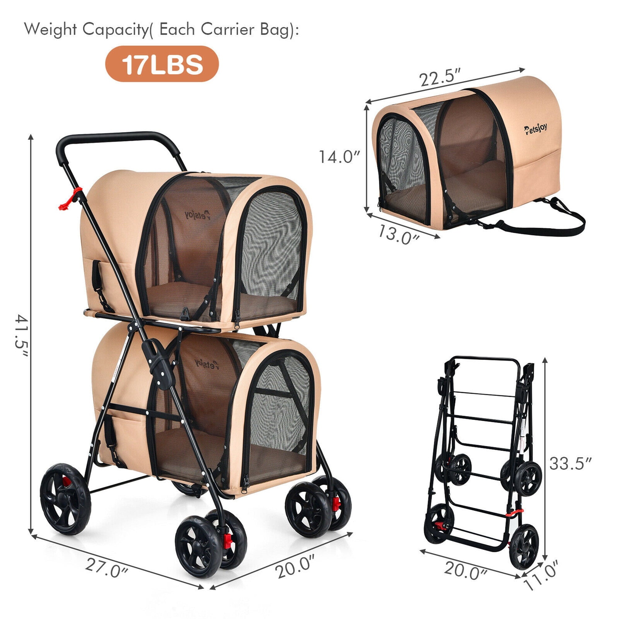 Gymax 4-in-1 Double Pet Stroller w/ Detachable Carrier Travel Carriage for Cats Beige