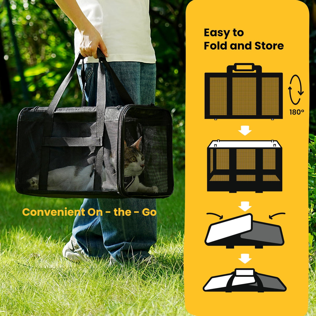 Conlun Cat Carrier,Soft-Sided Cat Carriers with 4-Sided Mesh,Airline Approved Pet Transport Carrier,Collapsible Cat Travel Carrier-Black