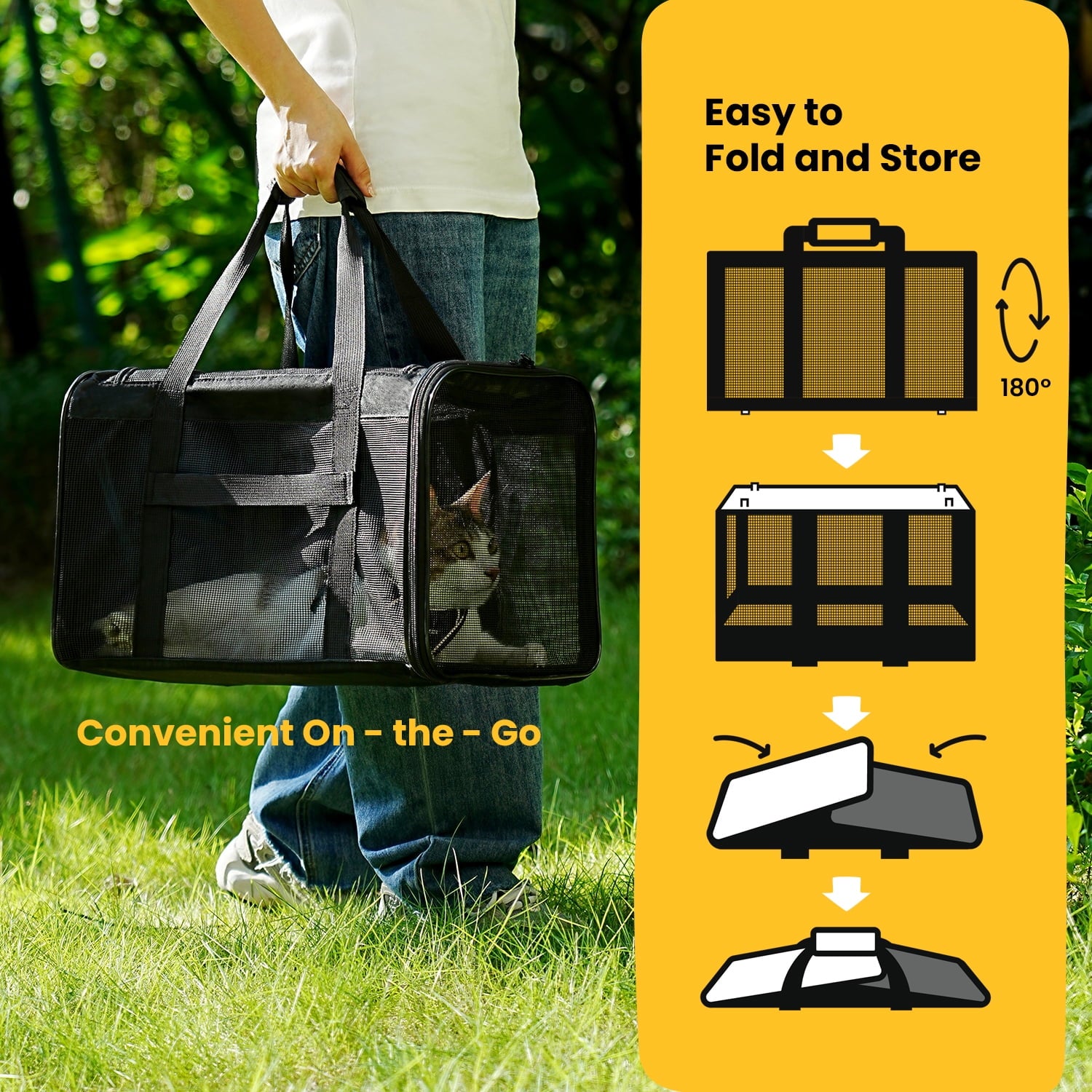 Conlun Cat Carrier,Soft-Sided Cat Carriers with 4-Sided Mesh,Airline Approved Pet Transport Carrier,Collapsible Cat Travel Carrier-Black