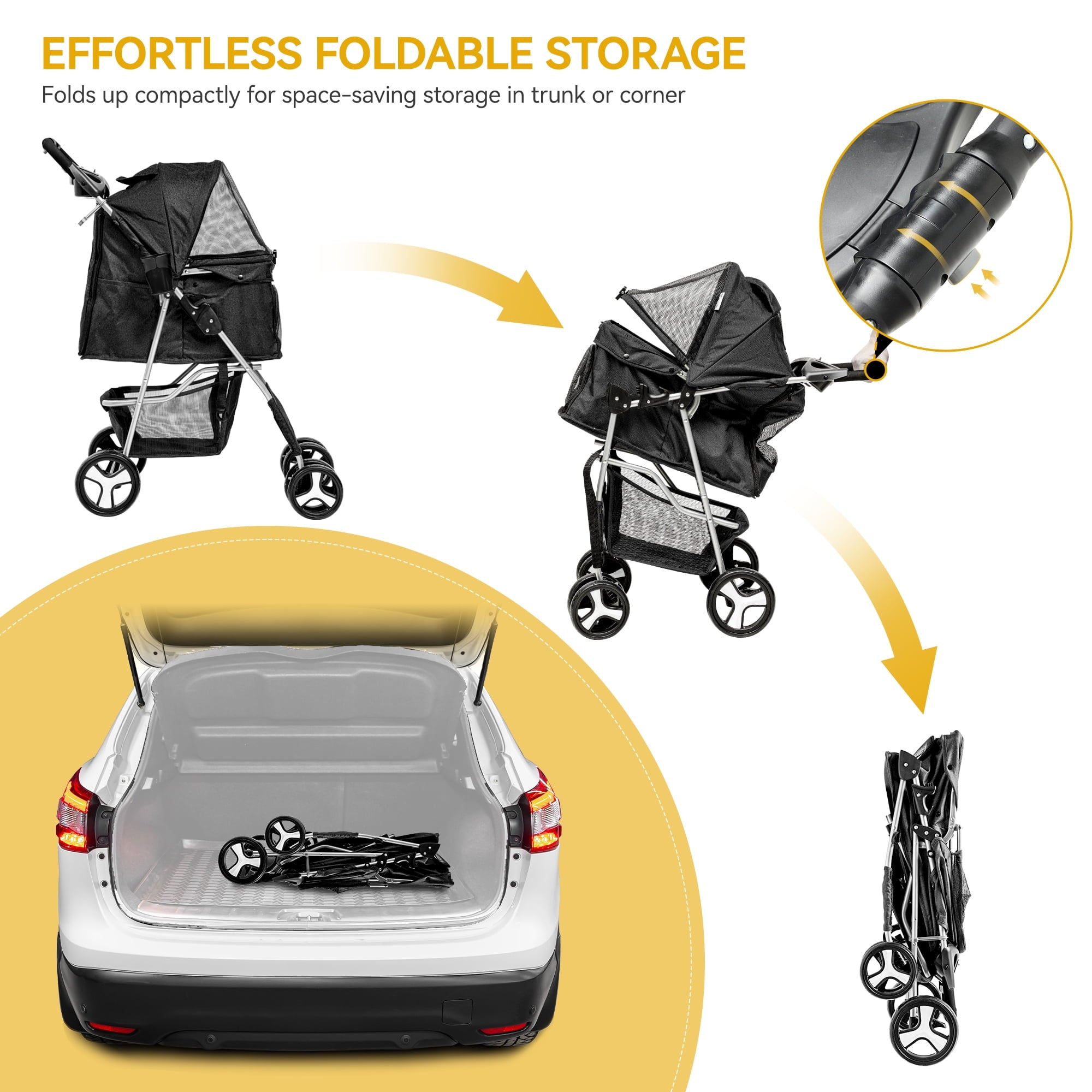 Dextrus 4-Wheel Foldable Dog Stroller with Storage Basket & 360° Rotating Wheels – Lightweight Pet Stroller for Small to Medium Dogs and Cats, Black