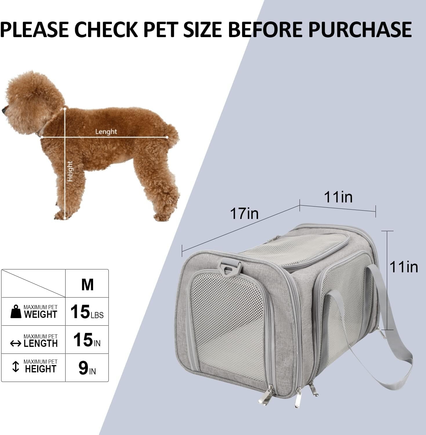 Yileqi Cat, Dog Carrier for Small Medium Cats Puppies up to 15 Lbs, TSA Airline Approved Carrier Soft Sided, Collapsible Travel Puppy Carrier - Grey