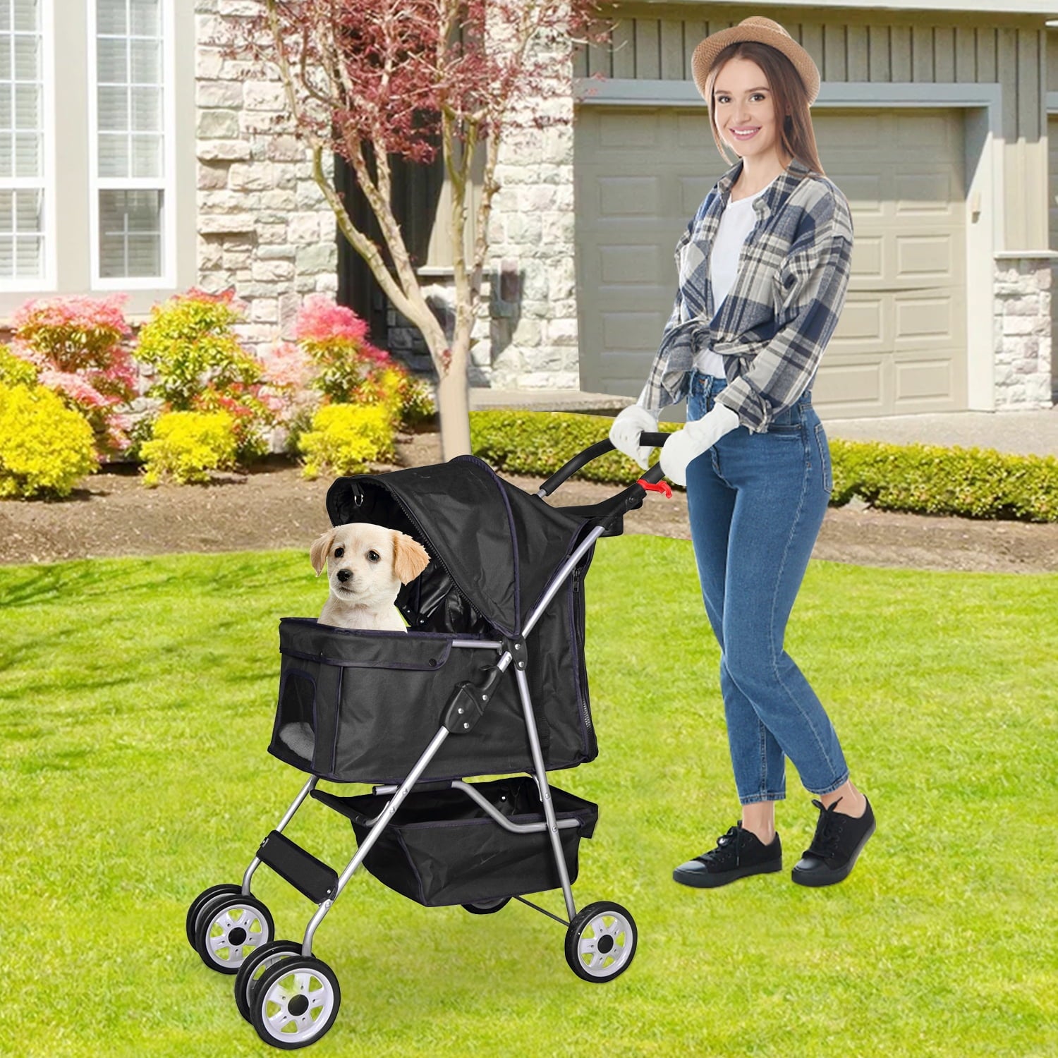 4 Wheels Pet Stroller Foldable Dog Stroller Cat Stroller with Storage Basket & Removable Liner, Travel Lite Foldable Carrier Strolling Cart for Dogs Cats, Black