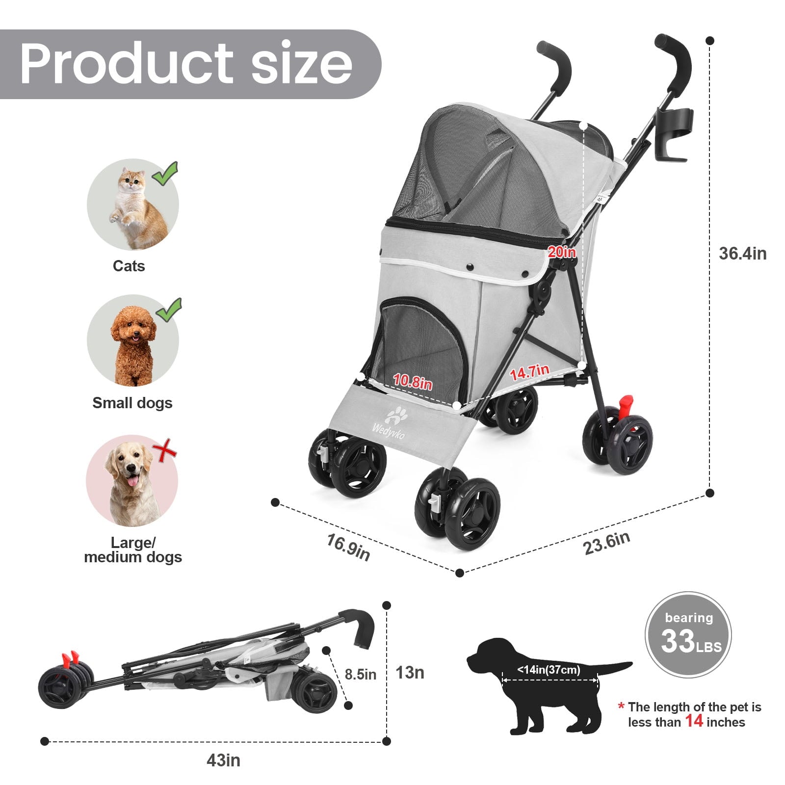 Wedyvko 4 Wheel Pet Dog Stroller Foldable Carrier Strolling Cart for Small Medium Dog Cat,Gray