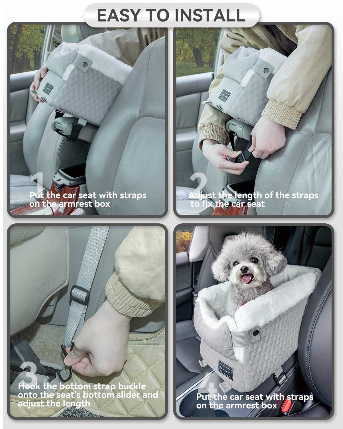 PETSFIT Dog Car Seats for Small Dogs,Washable Cushion,  Small Dog Car Seat with Upgraded Safety Tethers, Center Console Dog Car Seat (Light Grey)