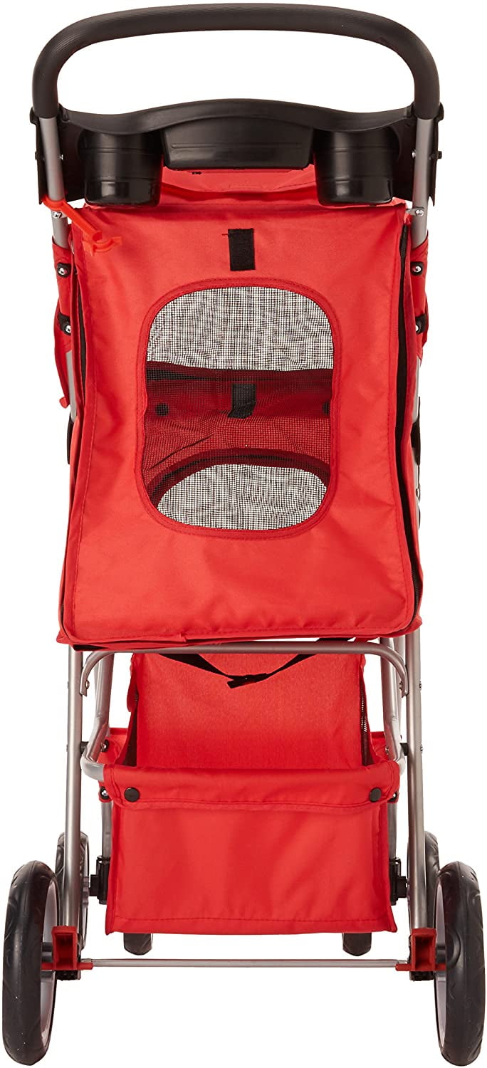 Paws & Pals 4-Wheeled Pet Stroller for Dog and Cat Foldable with Cup Holder, Red (Large)