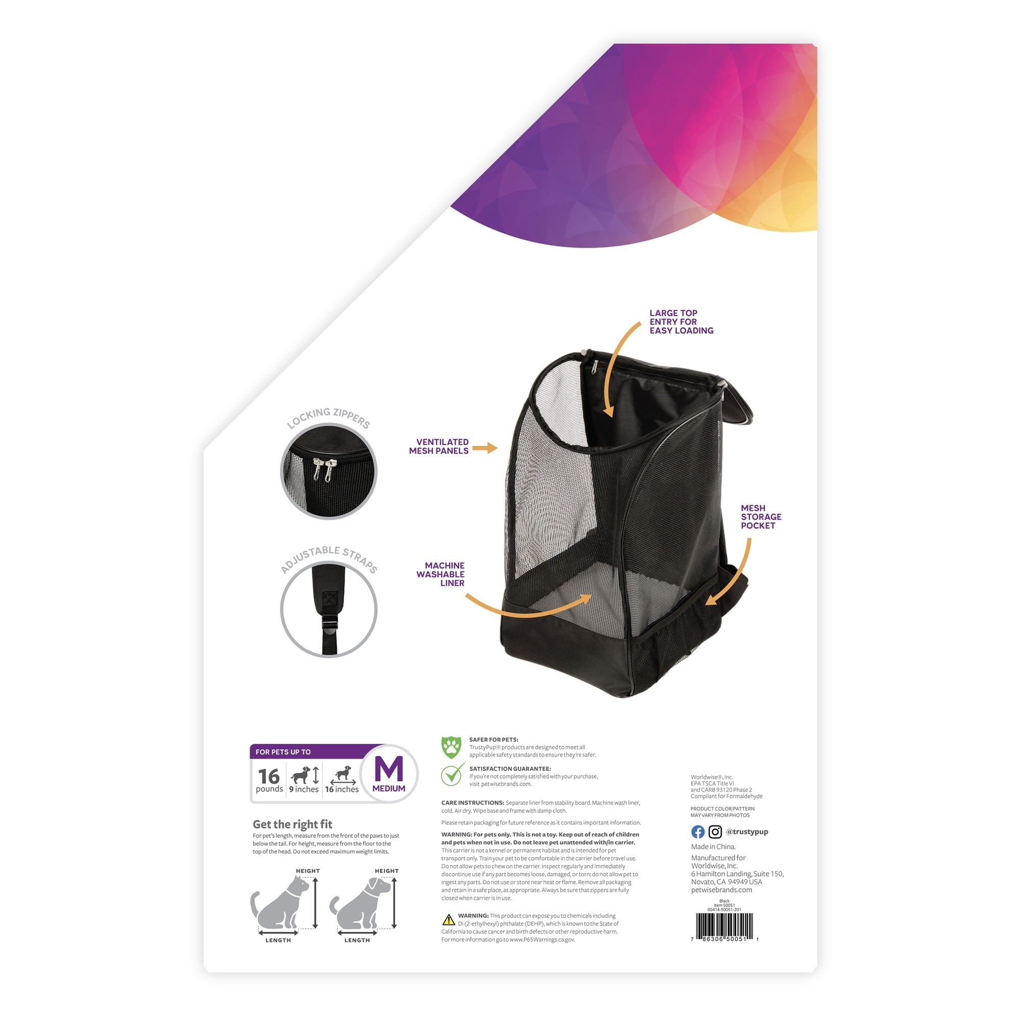 TrustyPup® Pet Backpack, Black, Medium, 16 Lb Limit