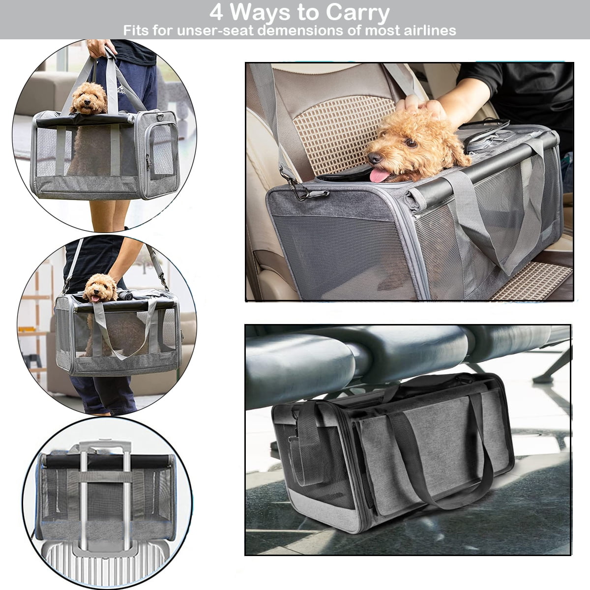 Cat Carrier, Cat Carriers for Large Cats up to 25LB, large Cat Carrier with a Bowl, Soft Sided Carrier with 2 Side Roller Blinds for Pet Cat Kitten Small Dog Puppies Airline Approved, Gray