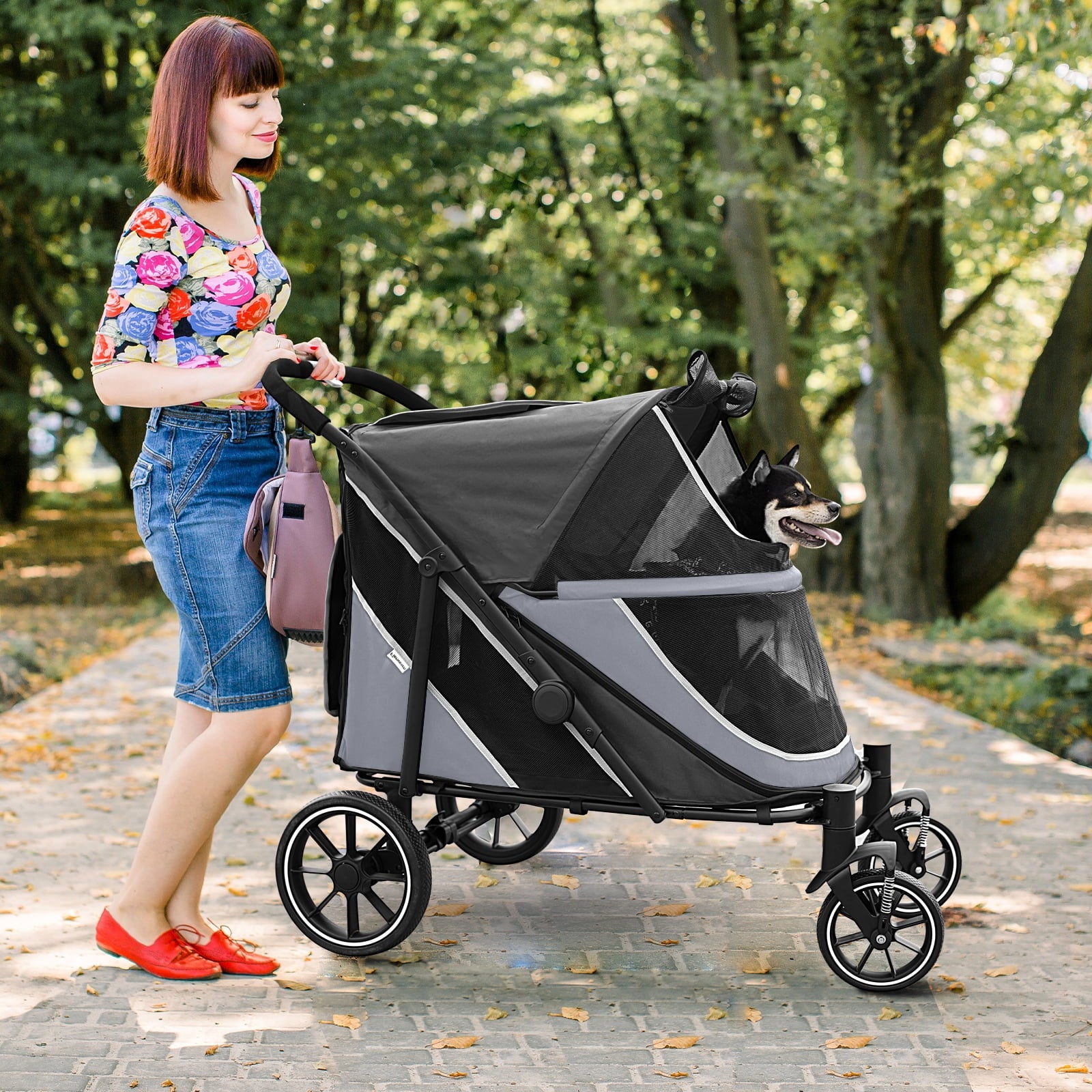 Dog Stroller for Medium/Large Dogs One-Click Folding,Extra Large Pet Stroller with Storage Pocket,Cat Stroller with Shock Absorption，Red